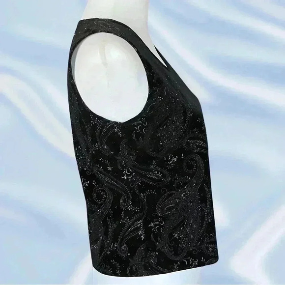 Vintage 90s Black Velvet Tank Top with Glitter Silver Paisley Pattern Whimsigoth - Picture 3 of 6